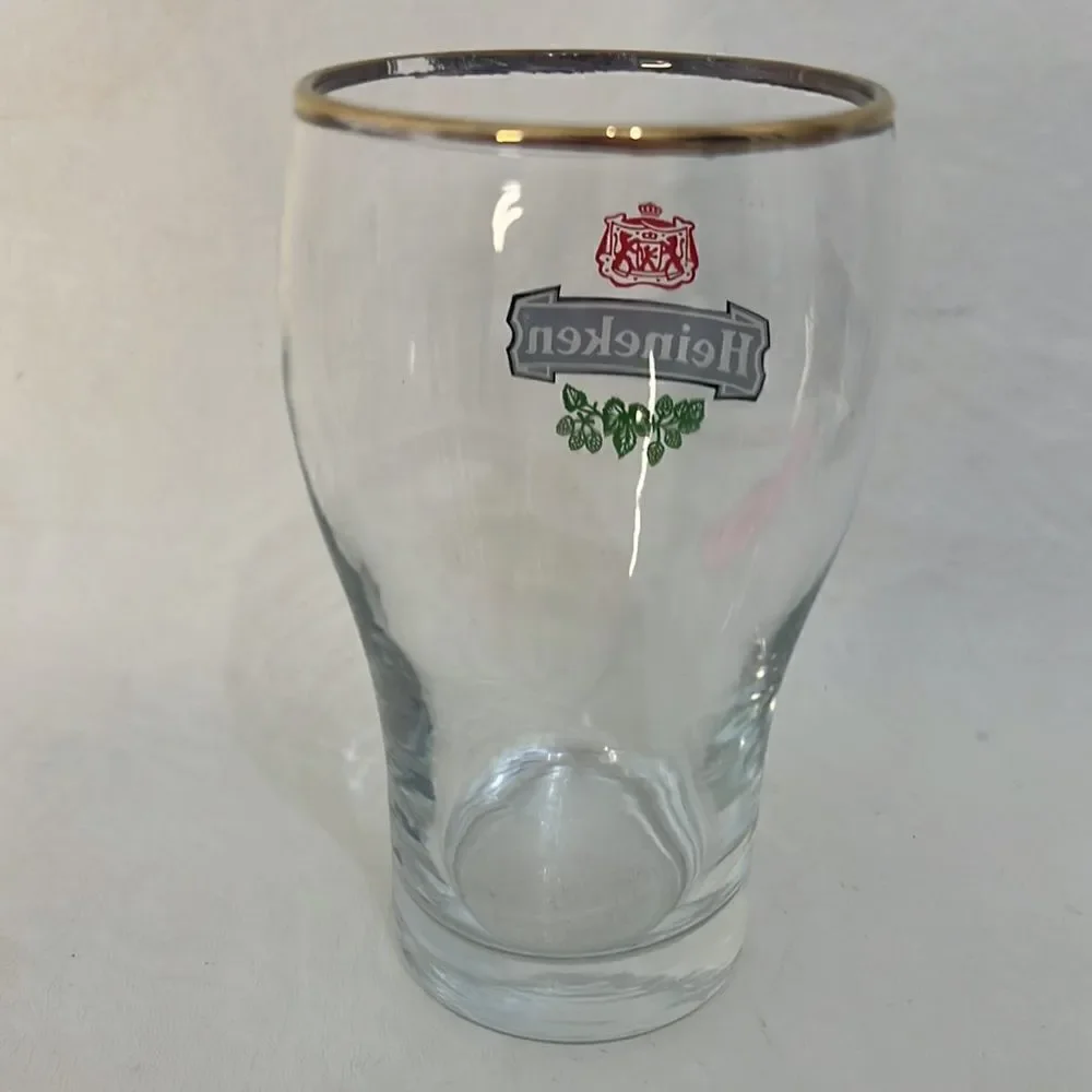 Heineken Logo Beer Glass 10 Oz Gold Trimmed 4 3/4 In Tall 2 In Round Bar Beer